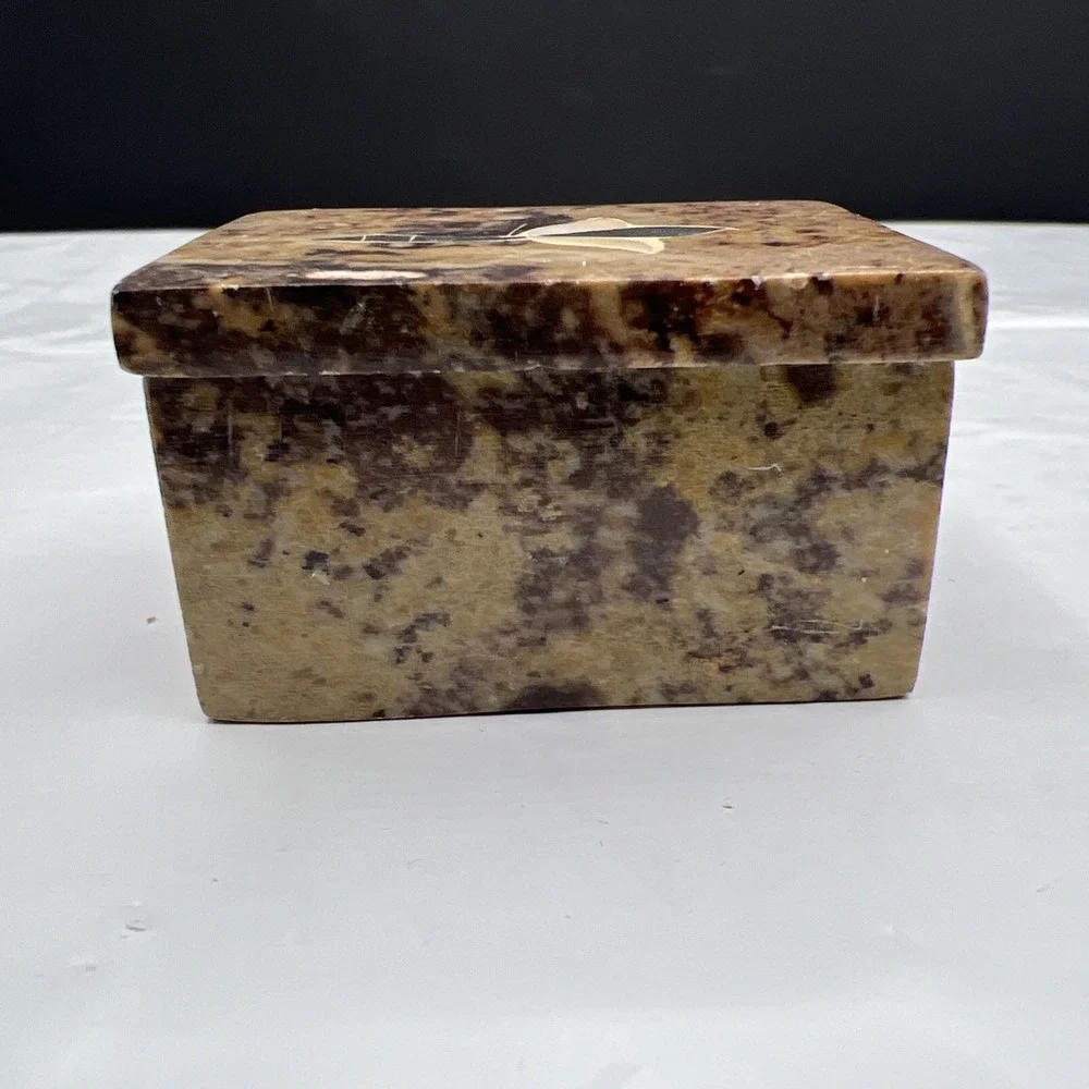 Vintage Jerusalem Stone Trinket Box Inlay Floral Mother of Pearl Small Box